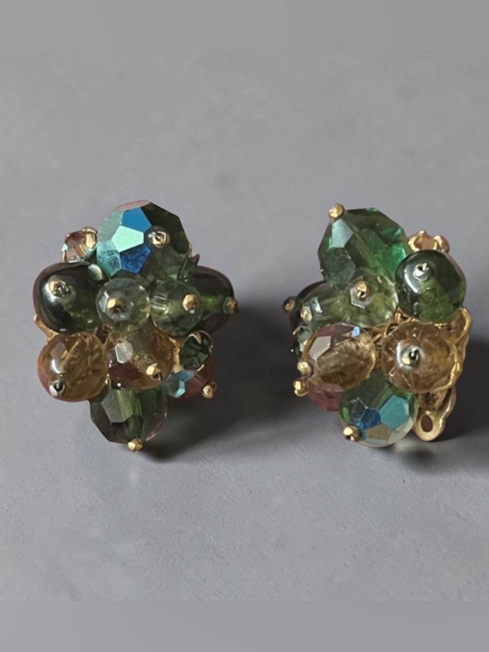 Vintage Signed DeMario NY Green Glass Beaded Rhinestone AB Clip On Earrings